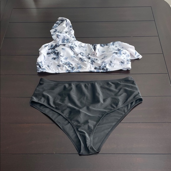 The Unbranded Brand Other - Black and White One Shoulder Ruffle Top|High-Waisted Bikini Set